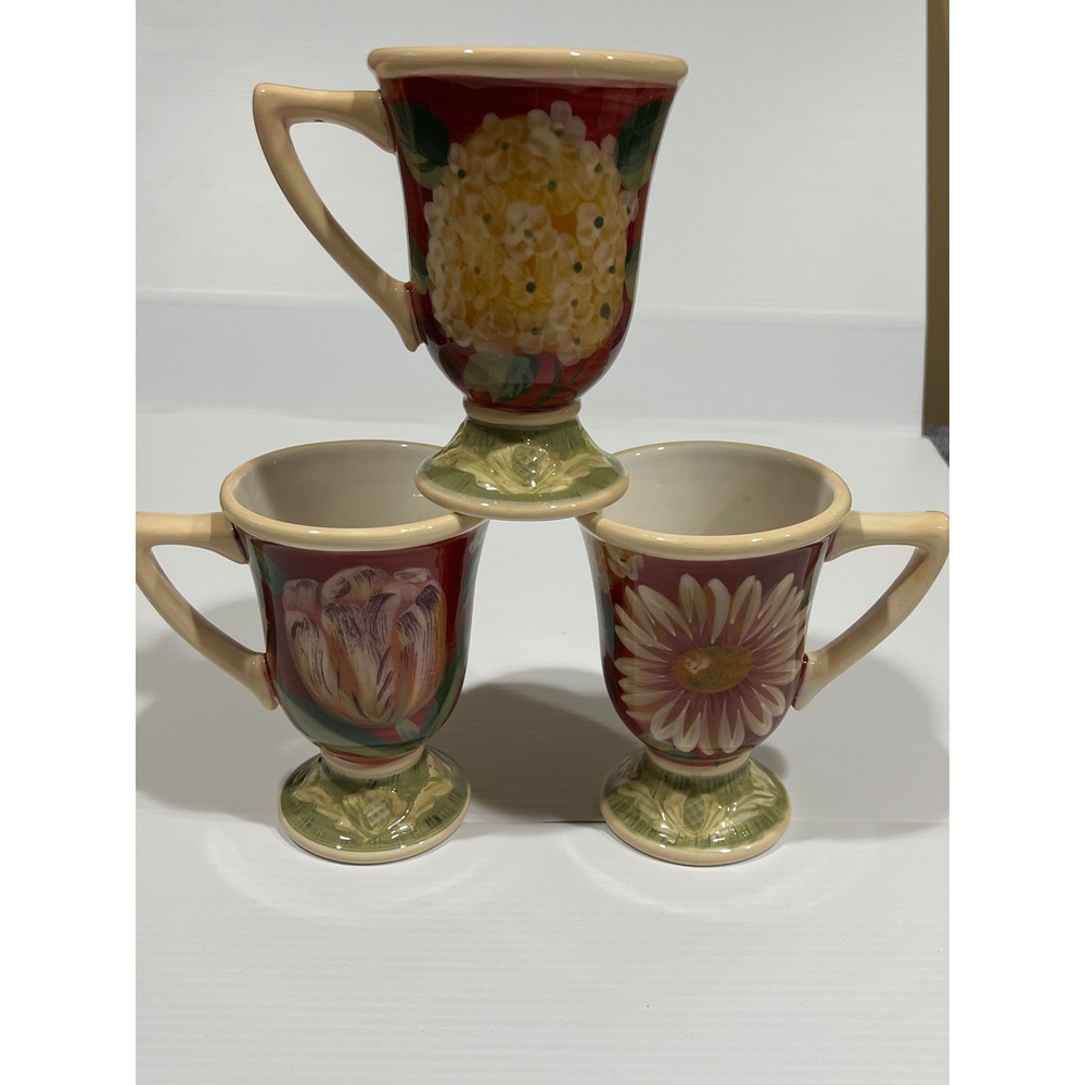 Certified International Pamela Gladding Floral Footed Mugs Set of 3 Red Ceramic